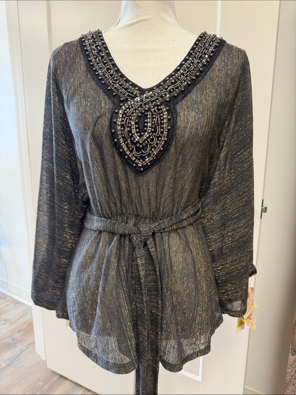 Democracy Black and Gold Metallic Beaded Tunic with Tie